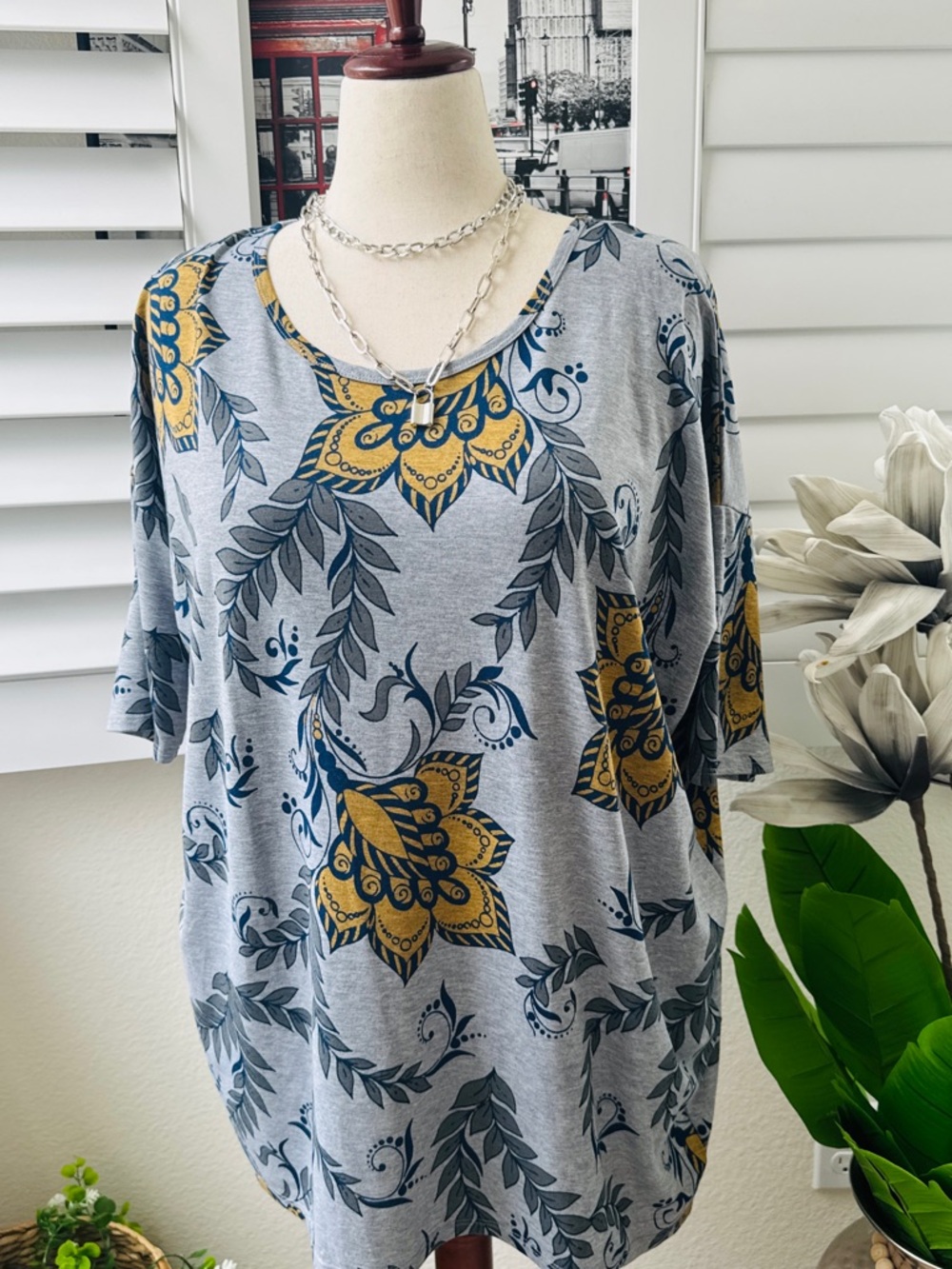 LuLaRoe Gray Top with Mustard and Navy Floral Print
